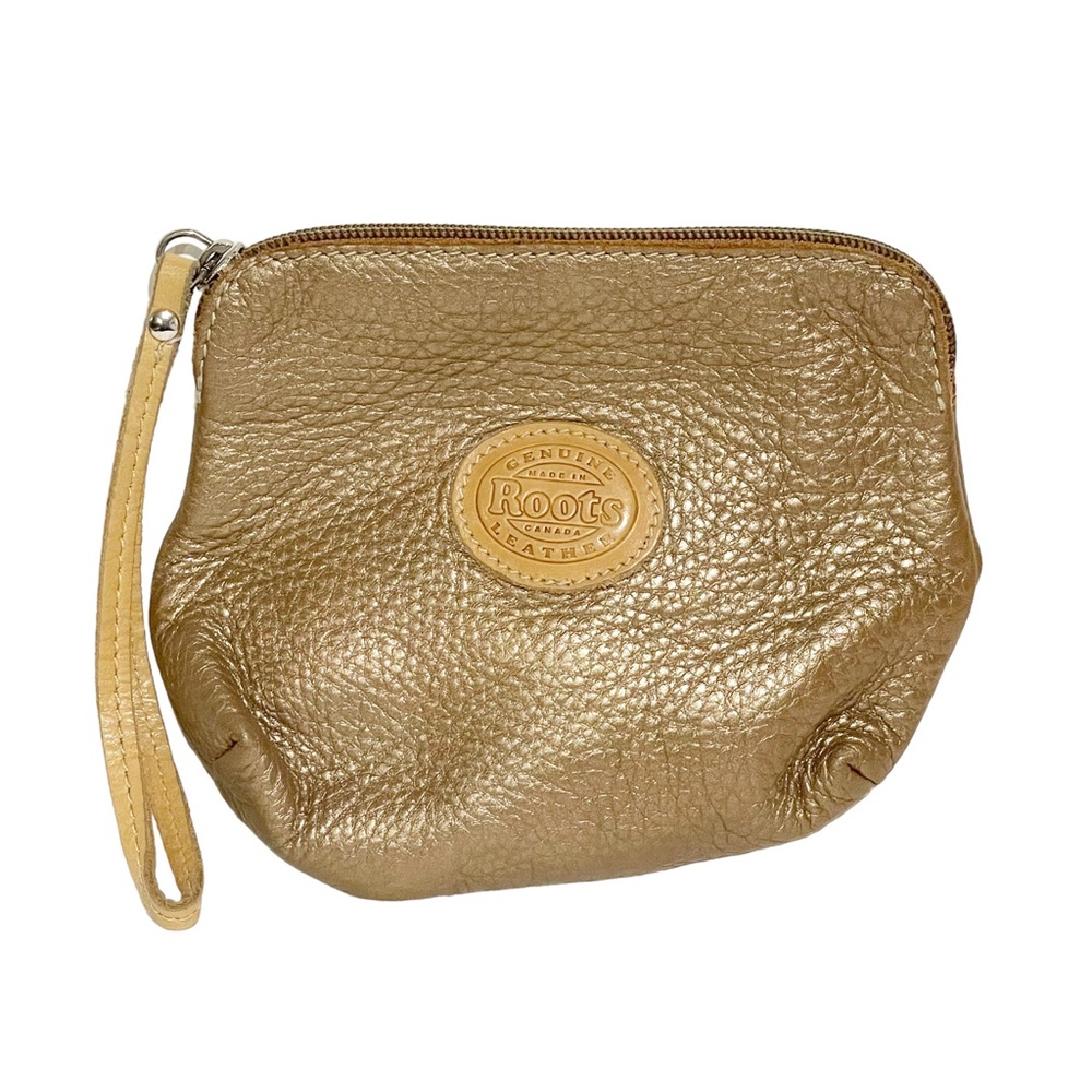 Roots Canada Brown Soft Pebbled Leather Rounded Zip Top Wristlet Wallet Bag